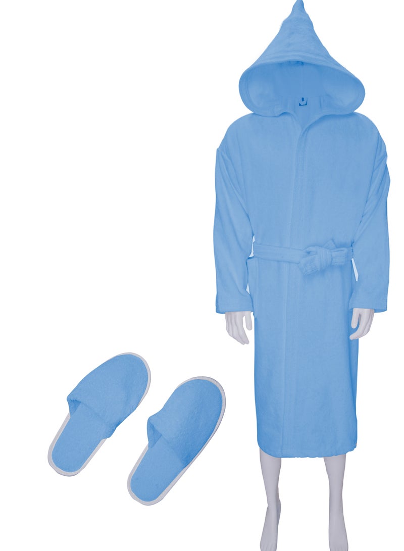 Banotex Soft cotton unisex bathrobe with a pocket and a waist belt with a distinctive slipper in an elegant design, light blue color, multi-size  - Image 1