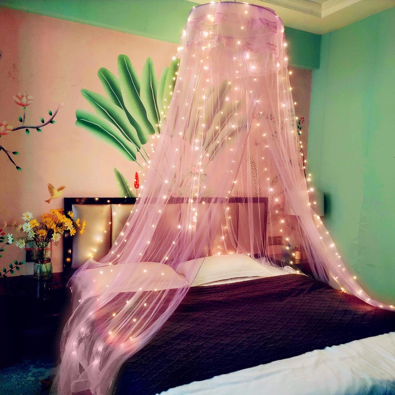 Eimilaly Lace Bed Canopy Mosquito Netting with Warm Lights Princess Bed Canopy for Girls Room Decor PinkSingle Door