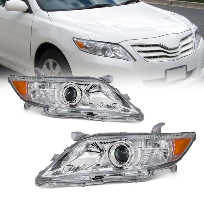 For 2010 2011 Toyota Camry Headlights Chrome Housing Amber Reflector Clear Lens Pair Headlamp Replacement Driver And Passenger Side
