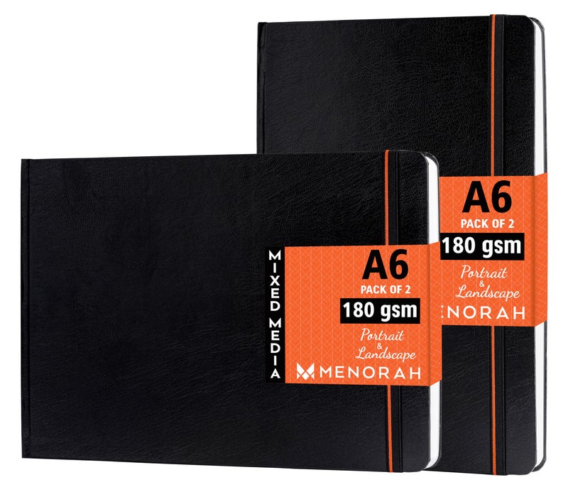 MENORAH - Sketchbooks for Artists-A6-180 GSM-(Pack of 2 Combo)-(100 Pages/50 Sheets)-Drawing Book for Artists-(Landscape 10.5 x 14.8 cm & Portrait 14.8 x 10.5 cm)-Completely Handmade-Combo-Black - Image 1