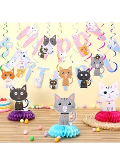 Chinco Chinco 16 Pcs Cat Theme Birthday Party Decorations Party Supplies Kit, Includes Cat Party Banner with 6 Cat Hanging Cutouts 6 Hanging Swirl Decor and 3 Birthday Honeycomb Party Decoration(Cool Style)  - Image 5