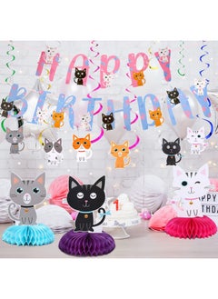 Chinco Chinco 16 Pcs Cat Theme Birthday Party Decorations Party Supplies Kit, Includes Cat Party Banner with 6 Cat Hanging Cutouts 6 Hanging Swirl Decor and 3 Birthday Honeycomb Party Decoration(Cool Style)  - Image 4