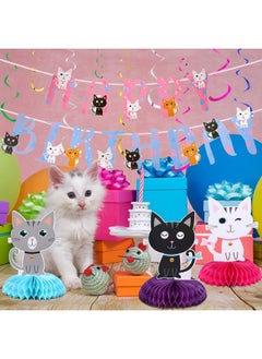 Chinco Chinco 16 Pcs Cat Theme Birthday Party Decorations Party Supplies Kit, Includes Cat Party Banner with 6 Cat Hanging Cutouts 6 Hanging Swirl Decor and 3 Birthday Honeycomb Party Decoration(Cool Style)  - Image 3