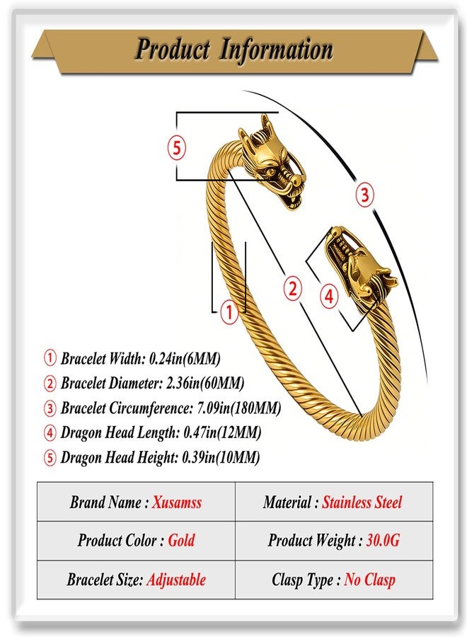 اكسوسامس سوار Xusamss Dragon المفتوح للرجال، سوار من الفولاذ المقاوم للصدأ بتصميم كابل ملتوي، سوار كلاسيكي بتصميم رأس تنين، سوار رجالي أنيق (ذهبي) - Image 2
