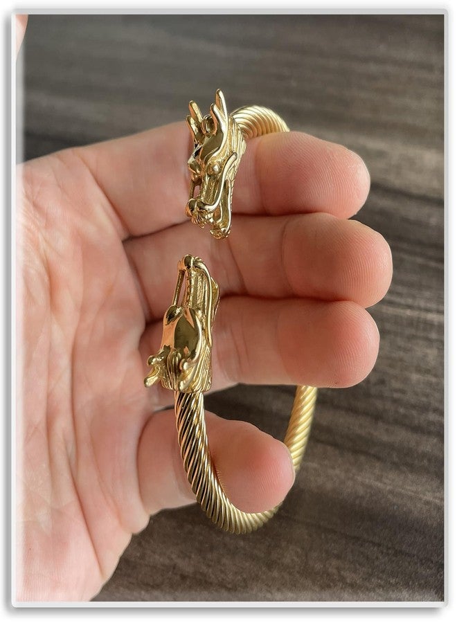 اكسوسامس سوار Xusamss Dragon المفتوح للرجال، سوار من الفولاذ المقاوم للصدأ بتصميم كابل ملتوي، سوار كلاسيكي بتصميم رأس تنين، سوار رجالي أنيق (ذهبي) - Image 5