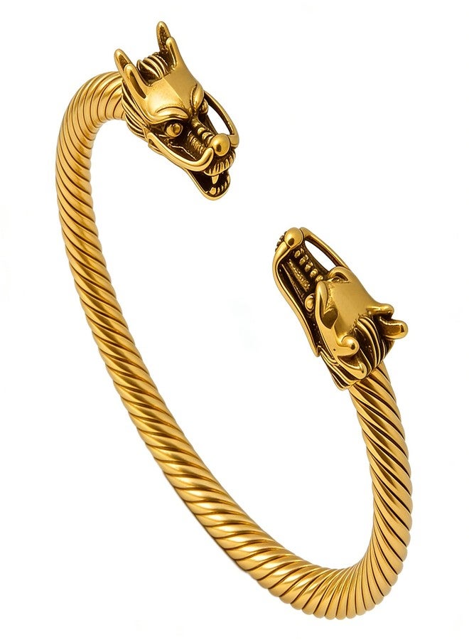 اكسوسامس سوار Xusamss Dragon المفتوح للرجال، سوار من الفولاذ المقاوم للصدأ بتصميم كابل ملتوي، سوار كلاسيكي بتصميم رأس تنين، سوار رجالي أنيق (ذهبي) - Image 1