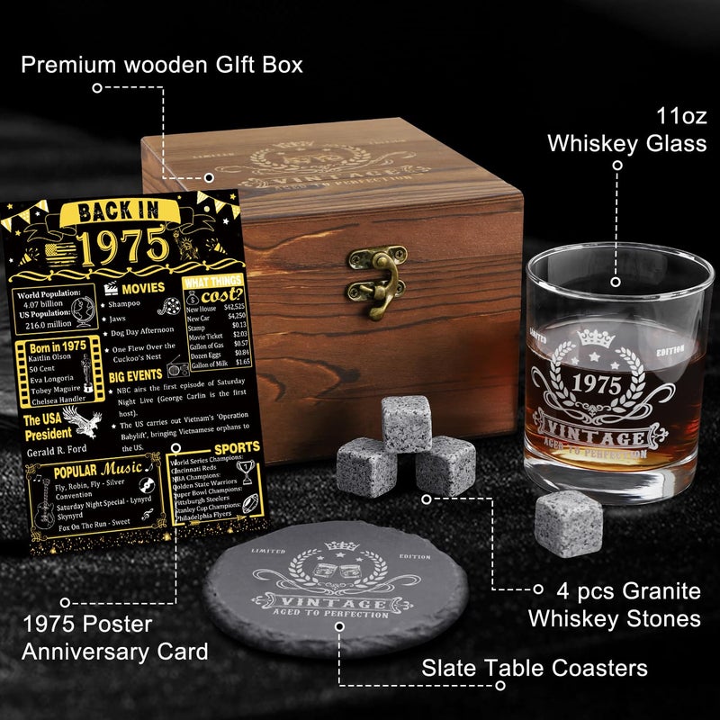 YeohJoy 50th Birthday Gifts for Men,Vintage 1975 Whiskey Glass Set,Wood Box & 1975 Poster Anniversary Card &Whiskey Coaster & Stones,Bday Gifts Ideas for Him, Dad, Husband - Image 2