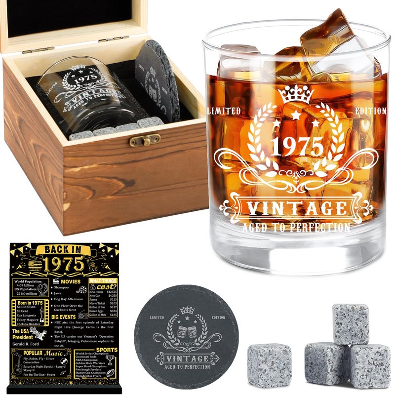 YeohJoy 50th Birthday Gifts for Men,Vintage 1975 Whiskey Glass Set,Wood Box & 1975 Poster Anniversary Card &Whiskey Coaster & Stones,Bday Gifts Ideas for Him, Dad, Husband - Image 1