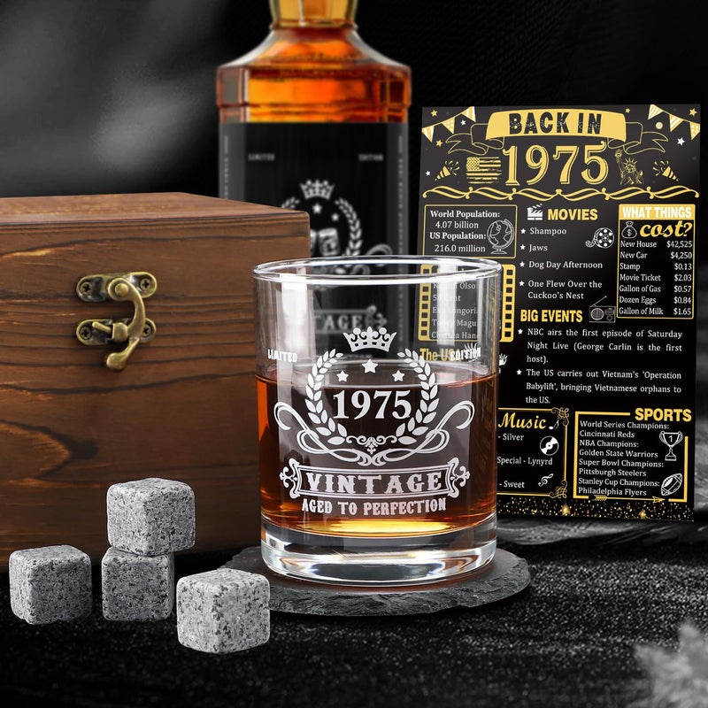 YeohJoy 50th Birthday Gifts for Men,Vintage 1975 Whiskey Glass Set,Wood Box & 1975 Poster Anniversary Card &Whiskey Coaster & Stones,Bday Gifts Ideas for Him, Dad, Husband - Image 4