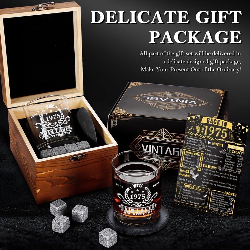 YeohJoy 50th Birthday Gifts for Men,Vintage 1975 Whiskey Glass Set,Wood Box & 1975 Poster Anniversary Card &Whiskey Coaster & Stones,Bday Gifts Ideas for Him, Dad, Husband - Image 5