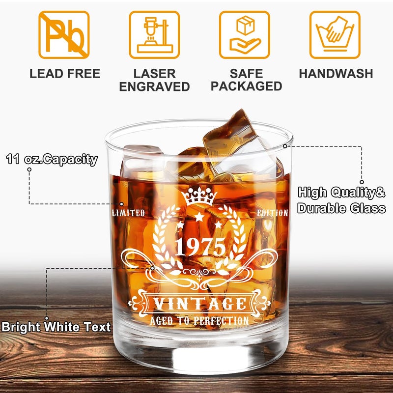 YeohJoy 50th Birthday Gifts for Men,Vintage 1975 Whiskey Glass Set,Wood Box & 1975 Poster Anniversary Card &Whiskey Coaster & Stones,Bday Gifts Ideas for Him, Dad, Husband - Image 3