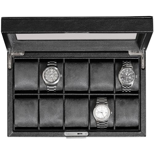 ROTHWELL 10 Slot Leather Watch Box - Luxury Case Display Jewelry Organizer - Locking Watch Display Case Holder with Large Glass Top - Box Organizer for Men and Women (Black/Grey) - Image 1