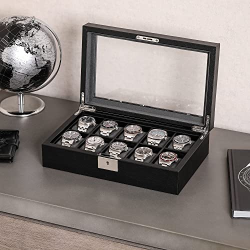 ROTHWELL 10 Slot Leather Watch Box - Luxury Case Display Jewelry Organizer - Locking Watch Display Case Holder with Large Glass Top - Box Organizer for Men and Women (Black/Grey) - Image 3