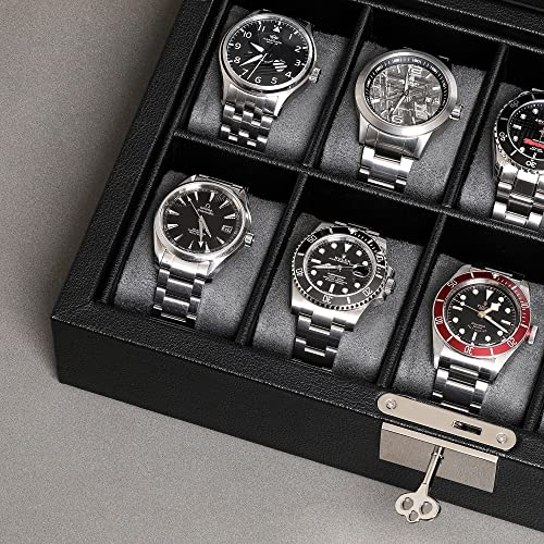 ROTHWELL 10 Slot Leather Watch Box - Luxury Case Display Jewelry Organizer - Locking Watch Display Case Holder with Large Glass Top - Box Organizer for Men and Women (Black/Grey) - Image 5