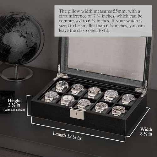 ROTHWELL 10 Slot Leather Watch Box - Luxury Case Display Jewelry Organizer - Locking Watch Display Case Holder with Large Glass Top - Box Organizer for Men and Women (Black/Grey) - Image 2