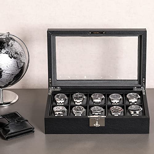ROTHWELL 10 Slot Leather Watch Box - Luxury Case Display Jewelry Organizer - Locking Watch Display Case Holder with Large Glass Top - Box Organizer for Men and Women (Black/Grey) - Image 4