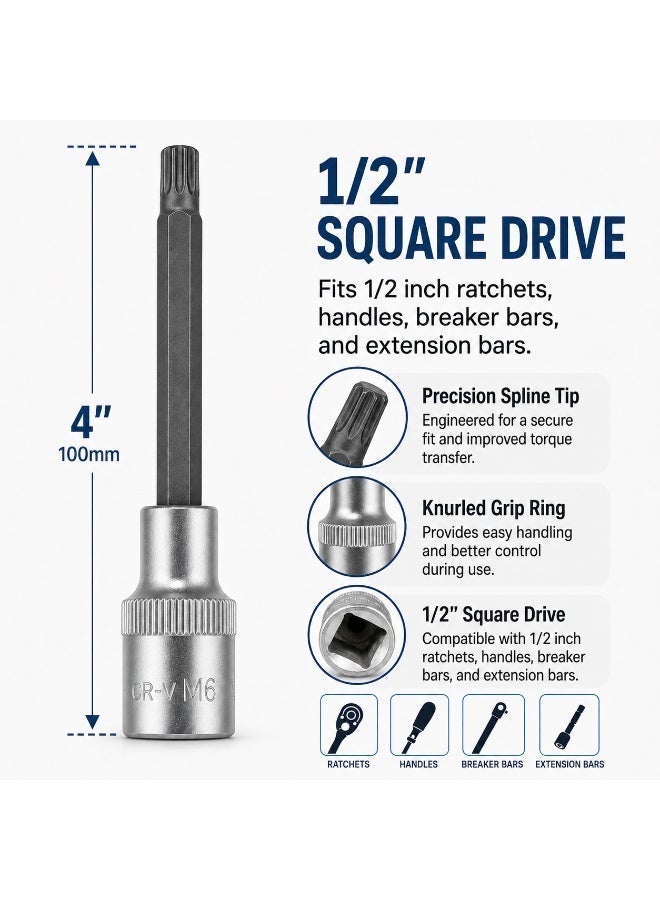 M6 Spline Bit Socket 1/2 Inch Drive, 4 Inch Long CR-V Metal Socket Tool For Ratchet, Car Repair, Workshop & DIY Maintenance - Image 2