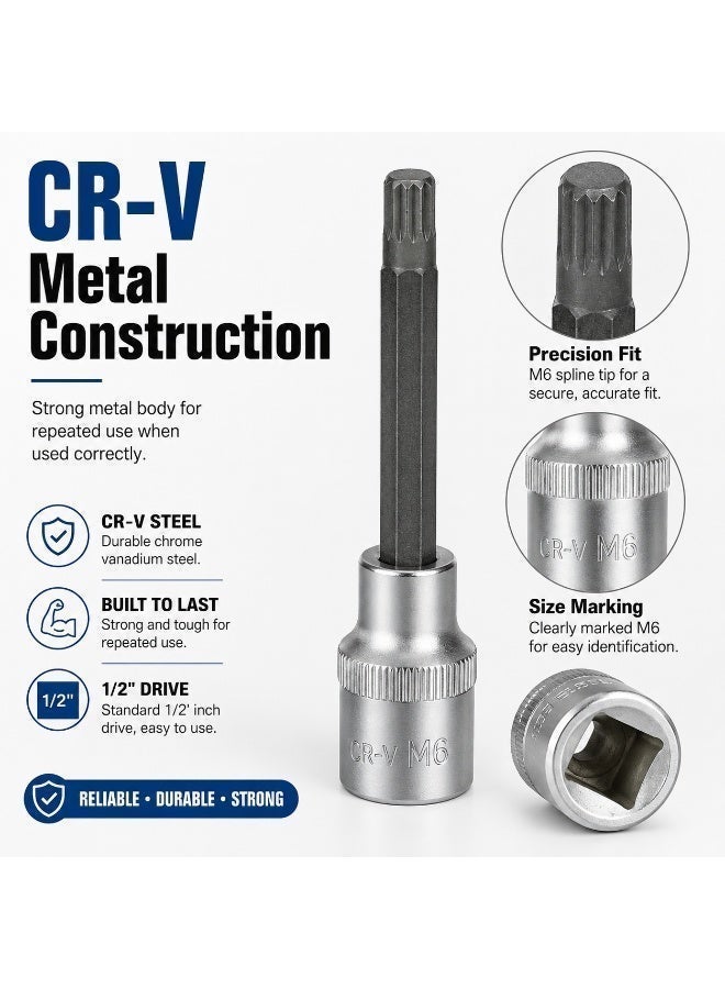 M6 Spline Bit Socket 1/2 Inch Drive, 4 Inch Long CR-V Metal Socket Tool For Ratchet, Car Repair, Workshop & DIY Maintenance - Image 4