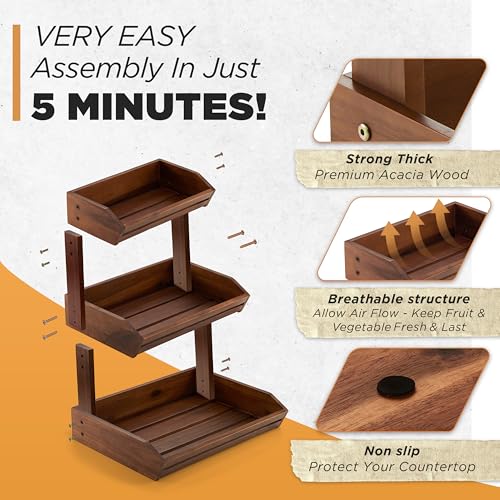 HOLANA Acacia 2 Tier Fruit Basket for Kitchen Counter Organizer – Wooden Fruit Bowl & Wooden Basket for Kitchen Counter Storage, Vegetable & Produce Storage, Snack Organizer for Countertop (Acacia) - Image 2