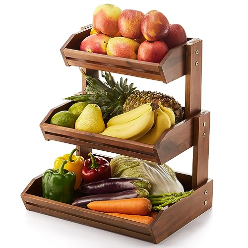 HOLANA Acacia 2 Tier Fruit Basket for Kitchen Counter Organizer – Wooden Fruit Bowl & Wooden Basket for Kitchen Counter Storage, Vegetable & Produce Storage, Snack Organizer for Countertop (Acacia) - Image 1