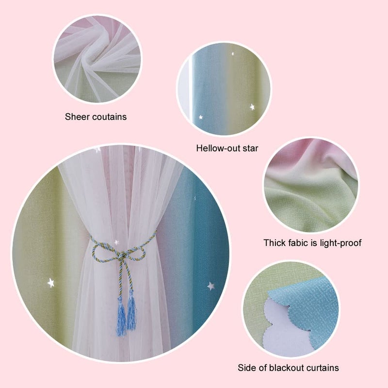 ZHUHAN Rainbow Ombre Star Cutouts Blackout Curtains for Girl Kid Nursery Bedroom and Living Room Decor Darken Double Layer Window Cute Grommet Curtains Soundproof Light (Pink Grey 52W X 84L 2- Panels) - Image 4