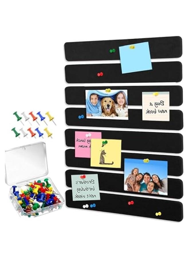 HOOKOR 8 Pack Felt Pin Board Bar Bulletin Board, Self-Adhesive Bulletin Board Bar Strips, Cork Boards for Walls with 24 Pushpins, For Paste Notes, Photos, Bedrooms Offices Home Decoration (Black)  - Image 1