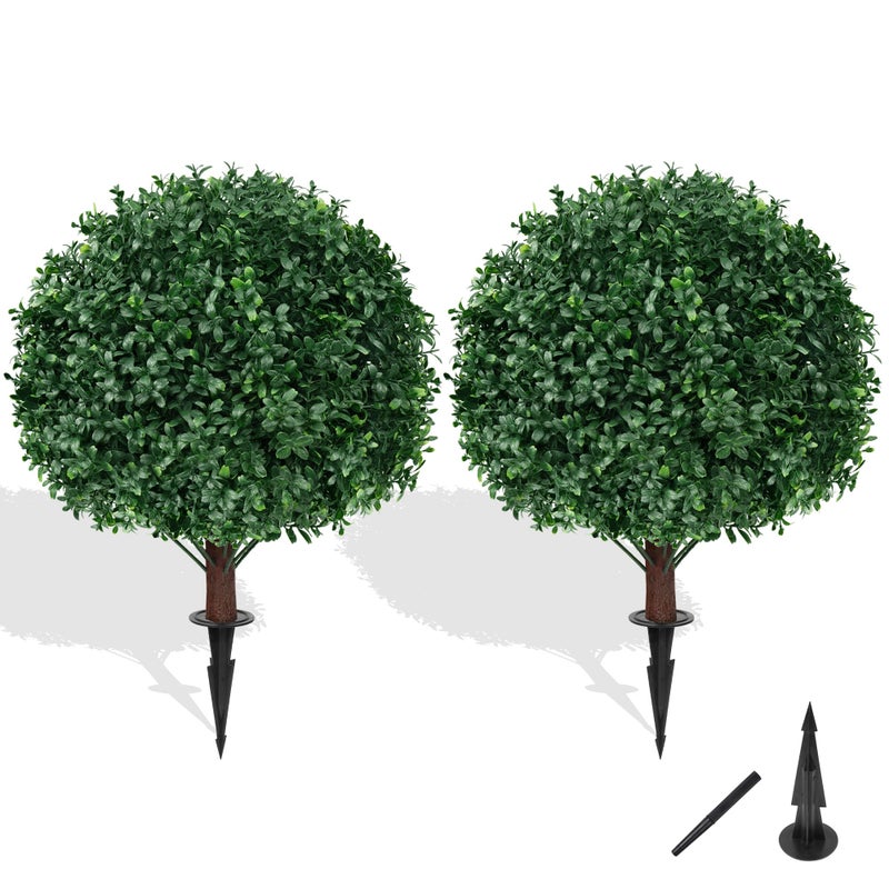 Grooy Artificial Boxwood Topiary Ball Tree with Ground Spike Set of 2 Artificial Shrub Bushes Fake Evergreen Tree for Porch Artificial Plants for Outdoor Planters Indoor UV Resistant
