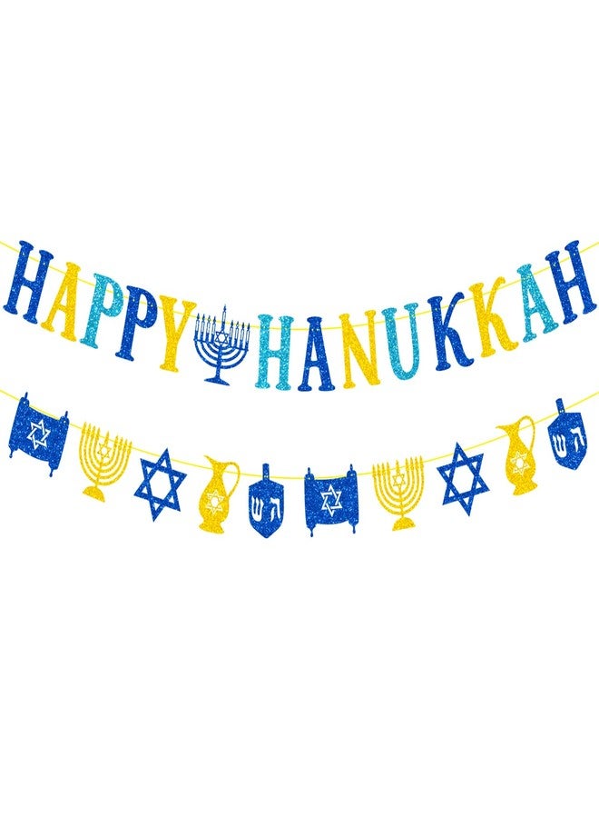 PTFNY Glittery Happy Hanukkah Decorations Banner Chanukah Festival Party Decorations for Jewish Judaism Hanukkah Chanukah Passover Shabbat Decor - Image 1