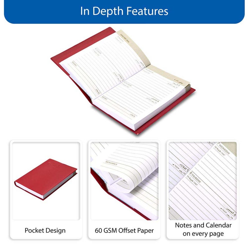 FIS 2026 Pocket Diary, 75x105mm Pocket Size, Soft PVC Jacket Cover, 2 Days a Page Format, Arabic/English, 60gsm White Paper, Maroon Cover - FSDI09AE26MR - Image 5