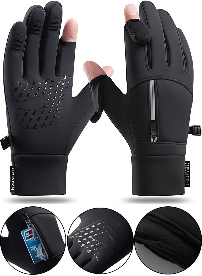 قفازات خريف وشتاء للجنسين بدون أصابع مع سحاب وتصميم شاشة تعمل باللمس ومقاومة للبرد والرياح ومقاومة للماء  قفازات رياضية للصيد والجري وركوب الدراجات والتزلج وركوب الخيل والقيادة والمشي لمسافات طويلة والاستخدام اليومي، أسود - Image 1