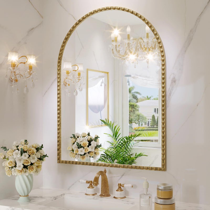 JIINGYO Arched Mirror for Wall, 20"x30" Antique Gold Arch Bathroom Vanity Mirror, Metal Floral Frame Decorative Arch Wall Mirror for Washroom, Bedroom, Entryway, Living Room - Image 5