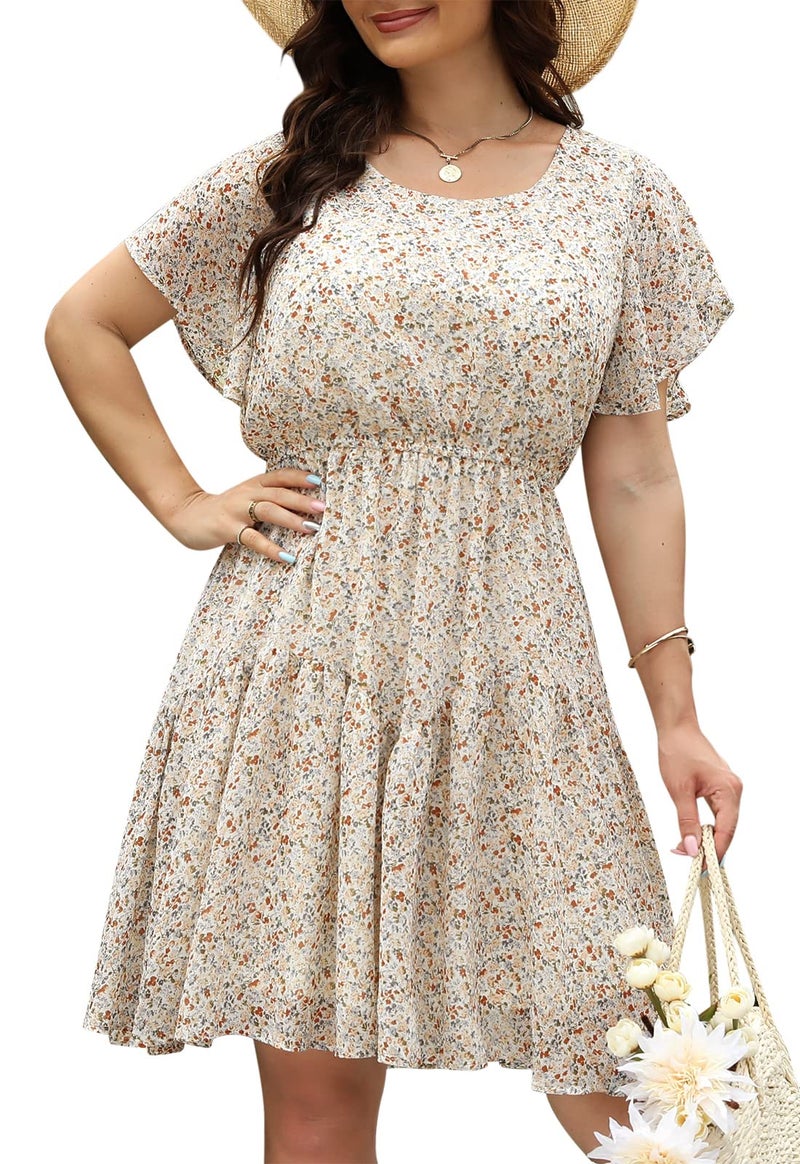 Nemidor Plus Size Summer Dresses for Curvy Women Casual Boho Midi Chiffon Print Floral Dress with Ruffle Sleeve 142629718Beige Print