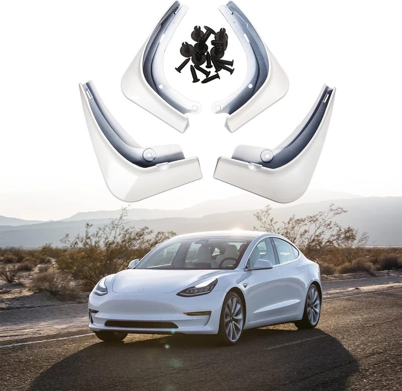 Wocch Mud Flaps for Tesla Model 3 (2016-2022) - Set of 4 White Splash Guards - Image 1