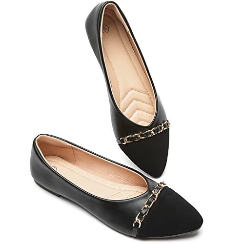 BABUDOG Women's Black Flats Shoes,White Dress Shoes for Women,Crimping Faux Suede Ballet Flats Comfortable(Black.US7.5) - Image 1