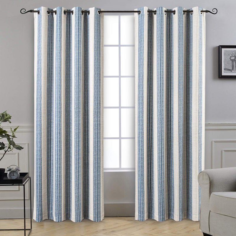 DriftAway Chris Linen Blackout Curtains with Thermal and Sound Reducing Layer 84 Inches Long for Bedroom Striped Printed Drapes Thermal Insulated Lined Window Treatments for Living Room Jean Navy - Image 1