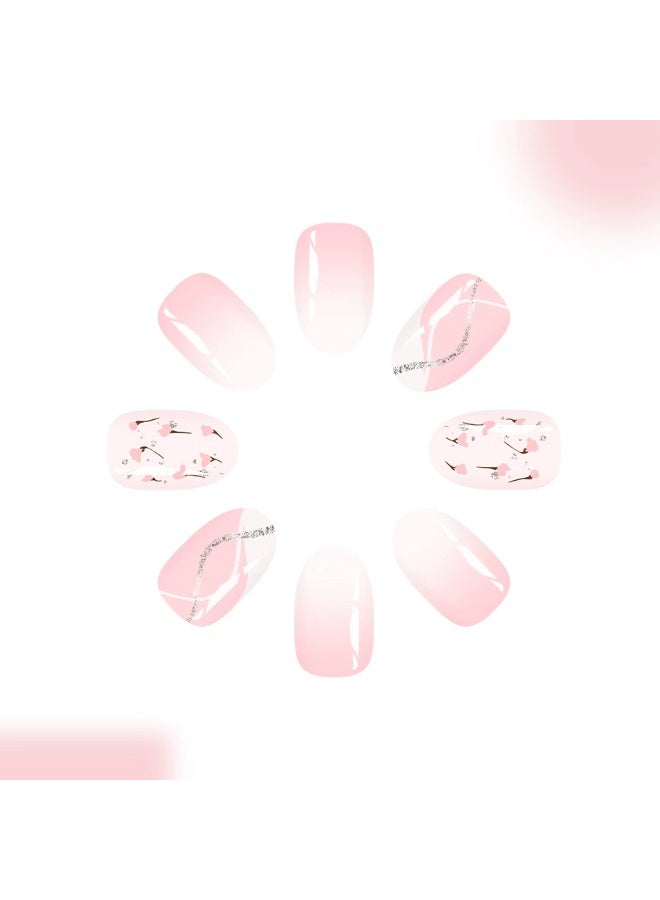 Goolsky Short Oval Press-on Nails with White Curve French & Floral Glitter Nude - Image 3