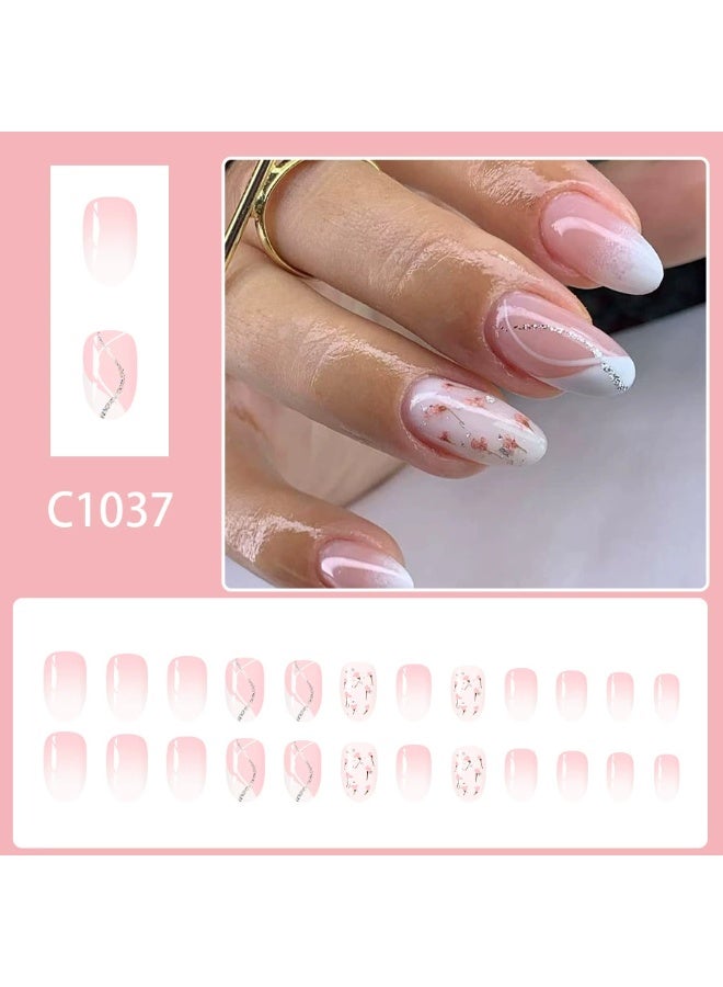 Goolsky Short Oval Press-on Nails with White Curve French & Floral Glitter Nude - Image 1