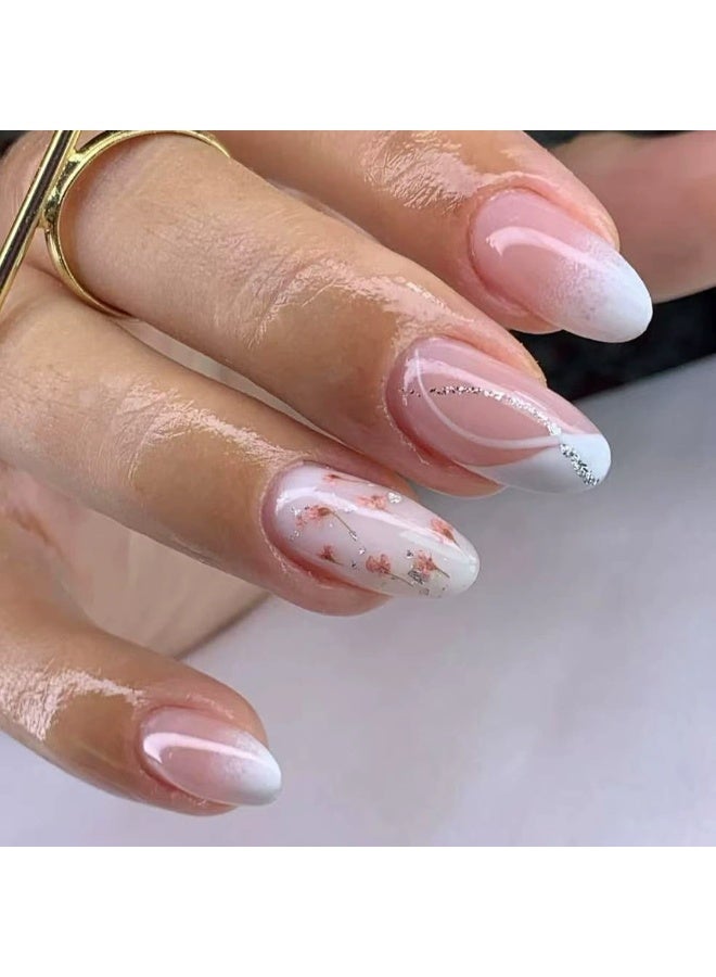Goolsky Short Oval Press-on Nails with White Curve French & Floral Glitter Nude - Image 4