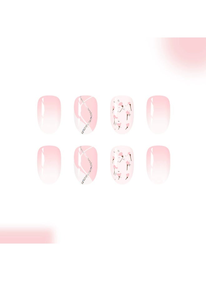Goolsky Short Oval Press-on Nails with White Curve French & Floral Glitter Nude - Image 2