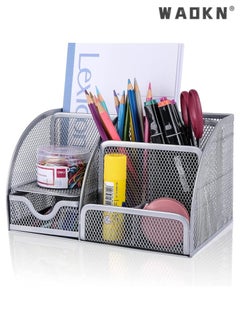 WAOKN Desk Organizer Office Accessories, Multi-Functional Mesh Desk Organizer Pen Holder Organizers Set with 6 Compartments and 1 Drawer for Home, Office, School, Workshop, Kitchen (sliver)  - Image 1