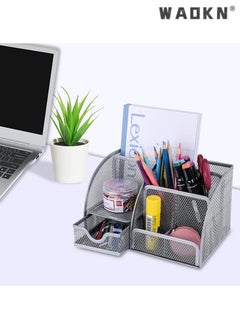 WAOKN Desk Organizer Office Accessories, Multi-Functional Mesh Desk Organizer Pen Holder Organizers Set with 6 Compartments and 1 Drawer for Home, Office, School, Workshop, Kitchen (sliver)  - Image 5