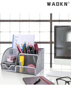 WAOKN Desk Organizer Office Accessories, Multi-Functional Mesh Desk Organizer Pen Holder Organizers Set with 6 Compartments and 1 Drawer for Home, Office, School, Workshop, Kitchen (sliver)  - Image 4