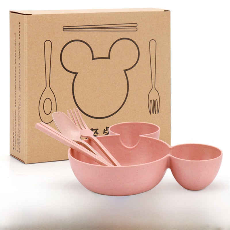 Kids Wheat Straw Dinnerware Set Cartoon Bowl Gift Plate Big Ear four pieces New/Nordic pink