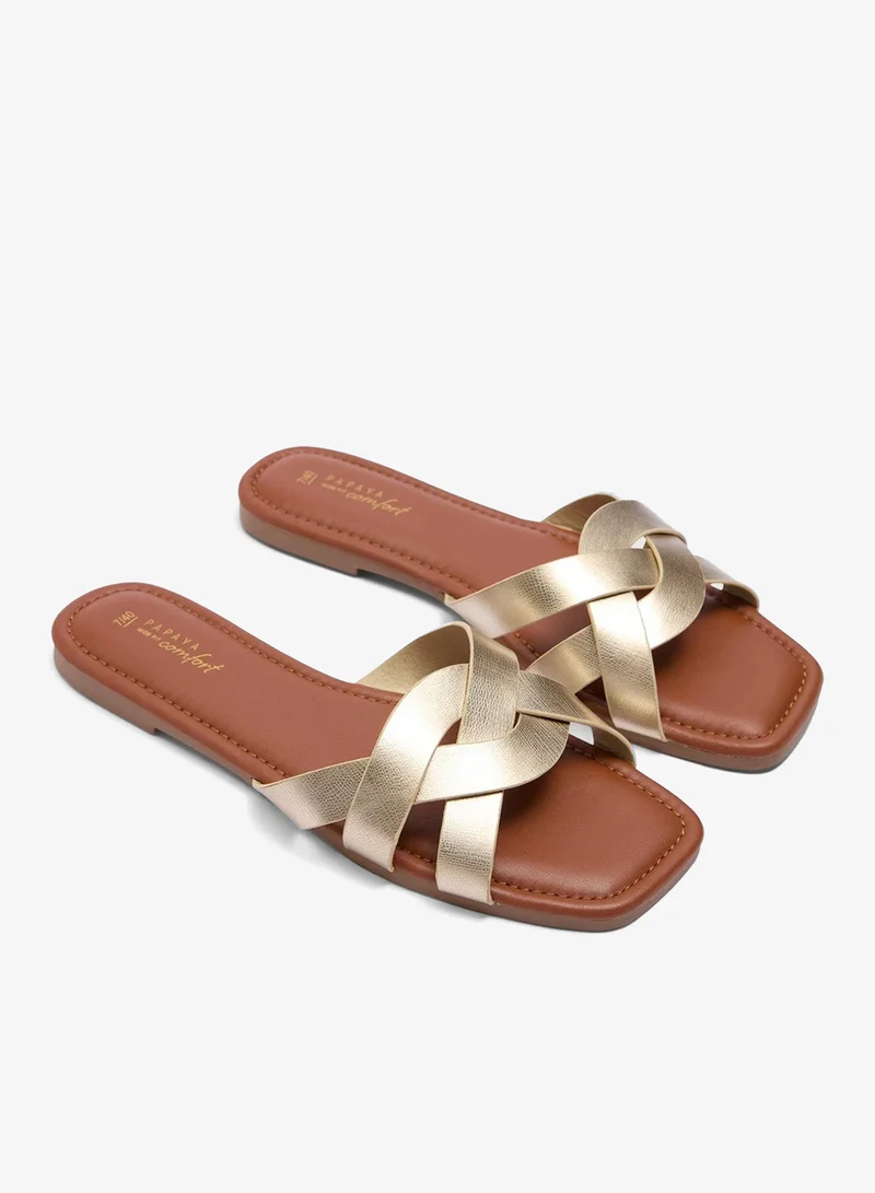 Matalan Gold Wide Fit Weave Strap Mule Sandals