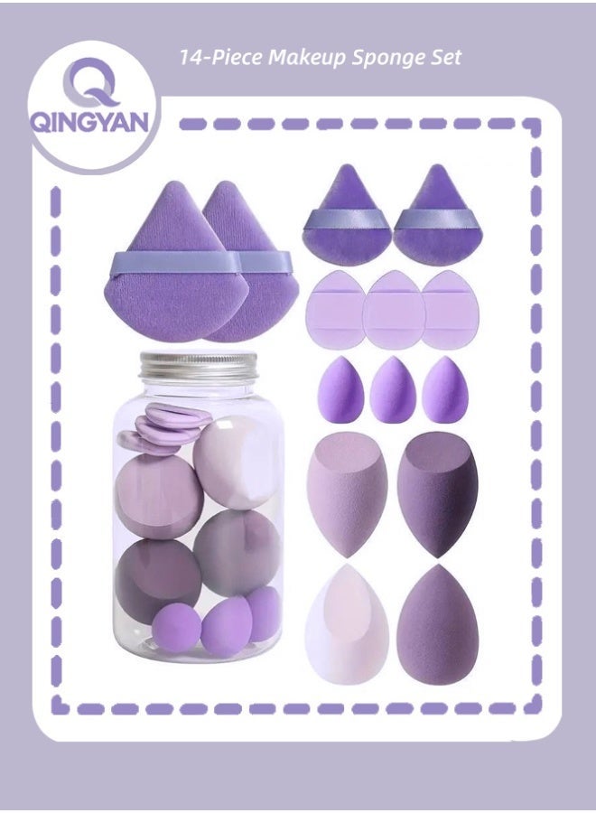 QINGYAN 14-Piece Makeup Sponge Set- Multi soft color Mini Makeup Sponge, Powder Puff Long Lasting Beauty Sponge Wet & Dry Use for Women (Purple) - Image 1