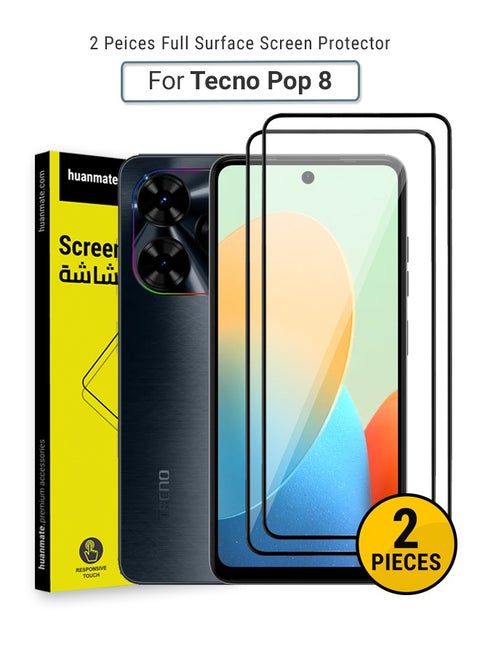 2 Pieces Tecno Pop 8 Screen Protector – Premium Edge to Edge Tempered Glass, High Transparency, Delicate Touch, Anti-Explosion, Smooth Arc Edges, Easy Installation