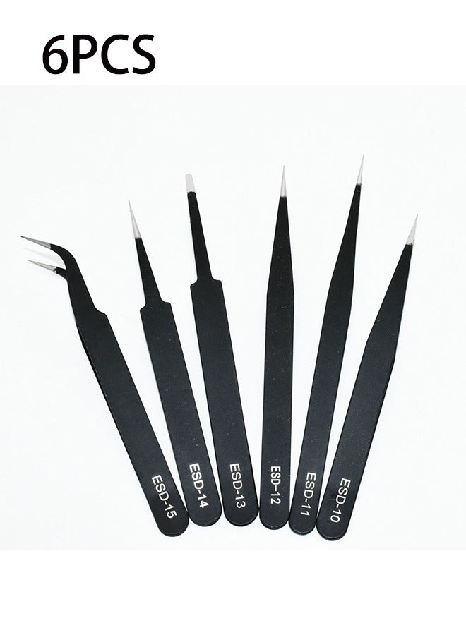 Generic Set of 6 Precision Tweezers, Upgraded Anti-Static Stainless Steel Curved Tweezers for Electronics, Lab Work, Jewelry Making, Crafting, Soldering, Bird's Nest Picking, Nail Art (Black) - Image 1
