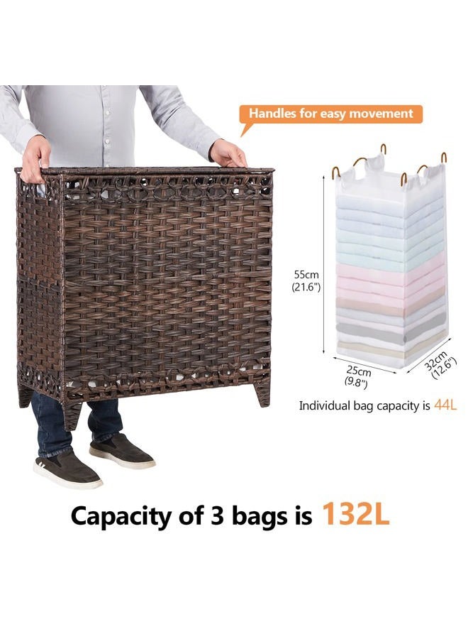 Hermina Laundry Hamper with 3 Removable Liner Bags; 132L Handwoven Rattan Laundry Basket with Lid & Heightened Feet; Clothes Hamper with Side Handles; Laundry Sorter with 3 Separate Sections (Brown) - Image 4