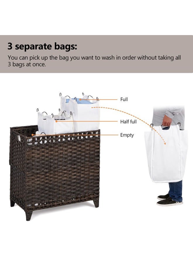 Hermina Laundry Hamper with 3 Removable Liner Bags; 132L Handwoven Rattan Laundry Basket with Lid & Heightened Feet; Clothes Hamper with Side Handles; Laundry Sorter with 3 Separate Sections (Brown) - Image 3