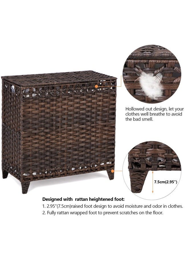 Hermina Laundry Hamper with 3 Removable Liner Bags; 132L Handwoven Rattan Laundry Basket with Lid & Heightened Feet; Clothes Hamper with Side Handles; Laundry Sorter with 3 Separate Sections (Brown) - Image 5